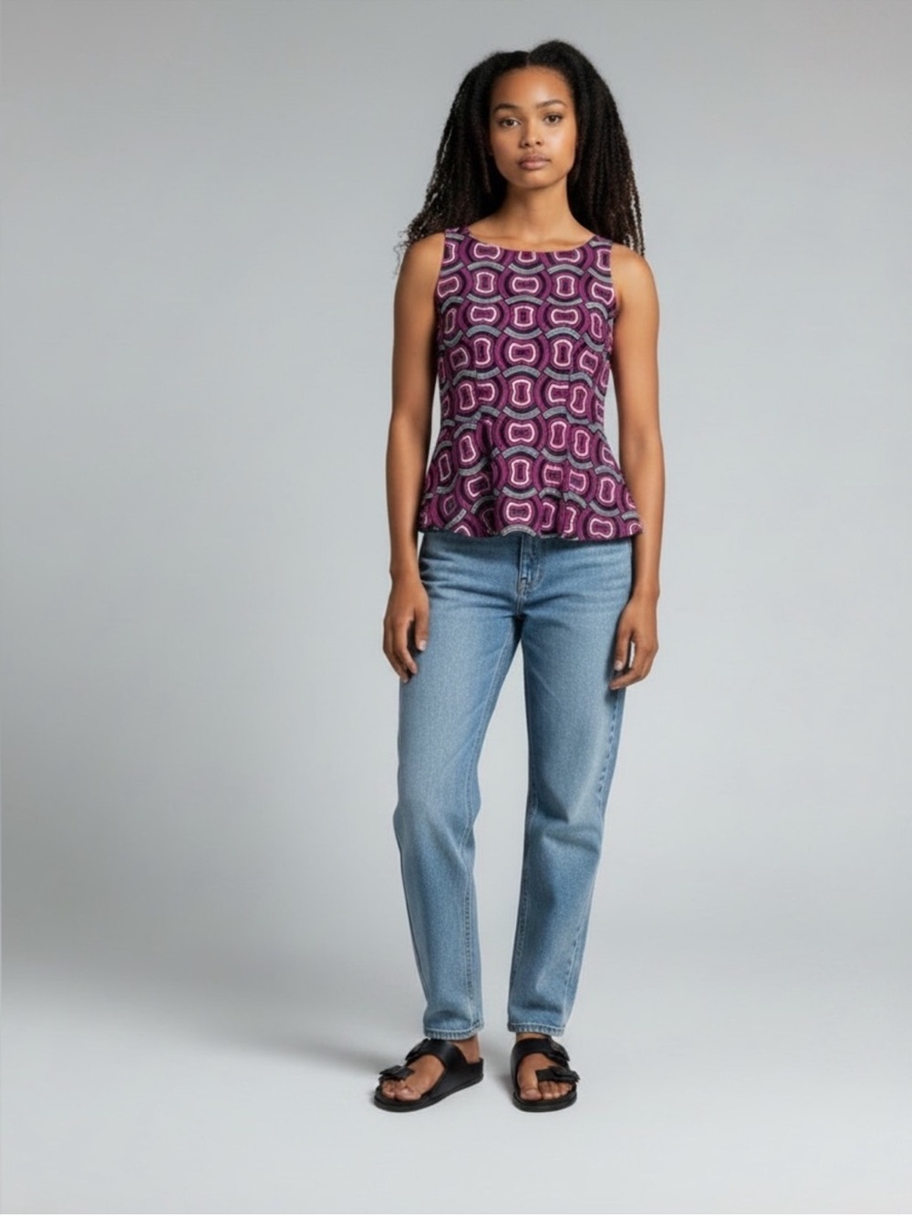 Club Monaco cotton pink & navy abstract print sleeveless contemporary top large